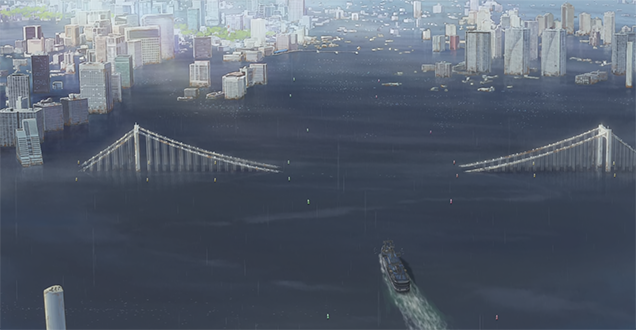 Imagen de Tokyo semisumergido al final de El tiempo contigo. No hay rastro de carreteras y solo la parte superior de los edificios más altos sobresale del agua.